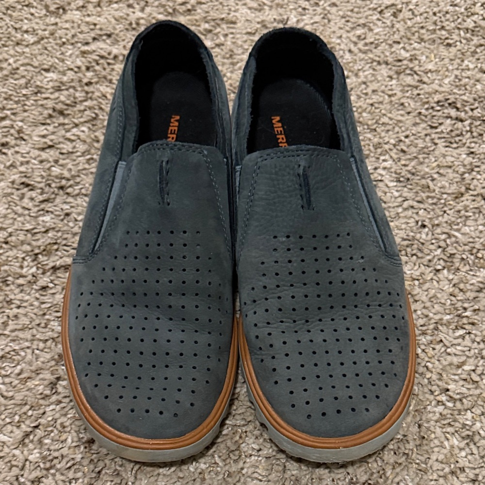 Merrell Men's Slip-On Perforated Nubuck Loafers in Dark Gray with Tan Trim